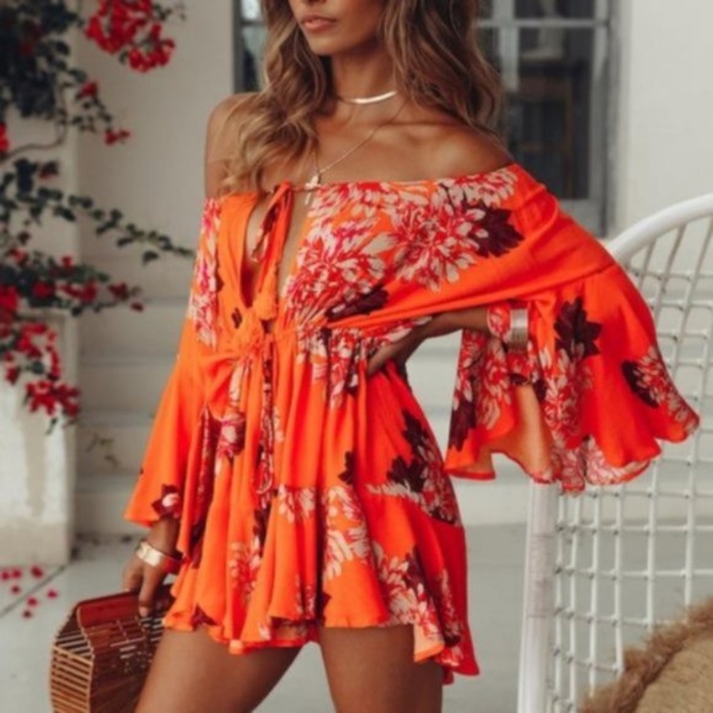 IN STOCK -Off Shoulder Bright Orange floral ROMPER - Picture 2 of 5